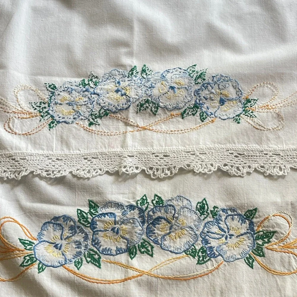Vintage Hand Embroidered Blue Pansy Dresser Scarf White Lace Runner 36x15